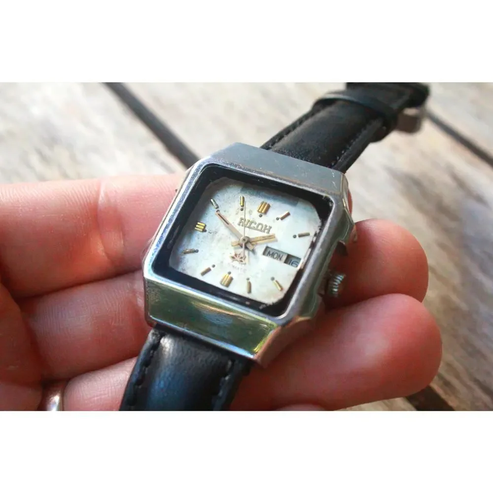 Vintage 1971 Ricoh Square Automatic Mens Silver Watch W/daydate & Gold accents